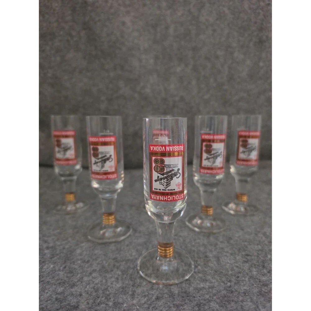 Set Of 6 Stoli Stolichnaya Russian Vodka Stemmed 4 Cl Footed Shot Glasses